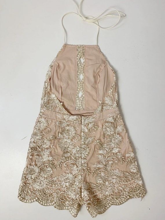 Vintage Nude Pink/Ivory Floral Embroidered Halter… - image 5