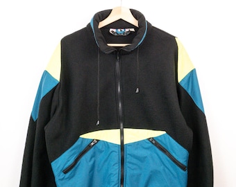 Vintage 90s Men's Black Teal Color Block Full Zip Fleece Jacket