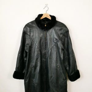 Vintage manteau zippé noir en cuir souple x vison bordure en fourrure/veste en cuir pour femme