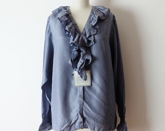 Chemisier à volants bleu gris vintage des années 80 pour femmes, style romantique