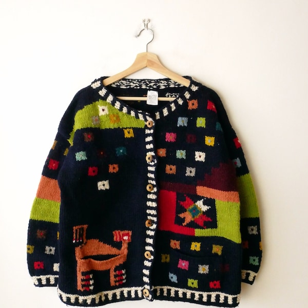 Vintage Dark Blue/Colorful Geometric Pattern Hand knit Wool Chunky Sweater Cardigan/Made in Ecuador