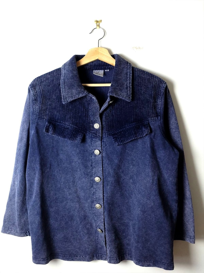 ON SALE Vintage Faded Dark BlueNavy x Corduroy Trim Button down Blouse from 90/'s