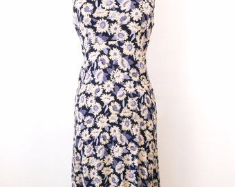 Vintage Navy/Blue Floral Sleeveless Midi Dress from 90s