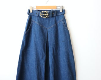 Vintage 1970's Denim A-line Midi Skirt/Belted Skirt/W23