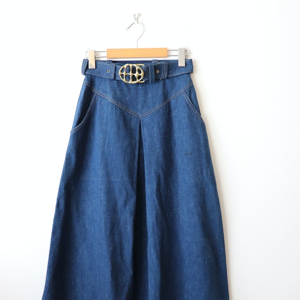 Vintage 1970's Denim A-line Midi Skirt/Belted Skirt/W23