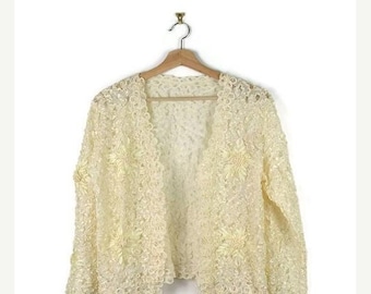 ON SALE Vintage Cream White Floral Crochet/Lace Cardigan from 1980's