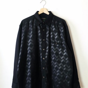 Vintage Oversized Black x Herringbone/Chevron Patten Long Sleeve Shirt/Geometric Shirt