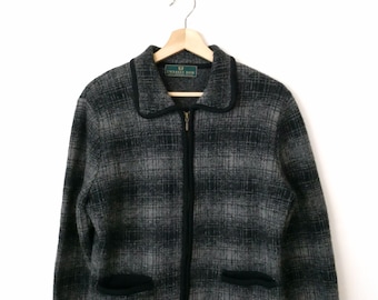 Vintage 90s Women's Black/Gray Shadow Plaid Zip up Jacket/Wool Jacket