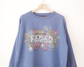 1990s Women's blue floral print crewneck sweatshirt