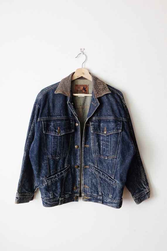 Vintage Prezzia Acid Wash Jean Jacket leather Collared Denim