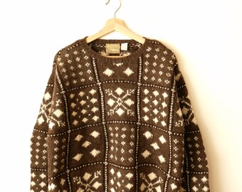 Women's Brown/Ecru Snowflakes Nordic Wool Chunky Sweater/Hand knitted Jumper