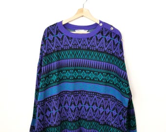 Vintage 90s Palmetto Made in USA Women’s Geometric Knit Sweater Purple Green