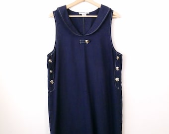 Robe mi-longue bleu marine sans manches/robe de marché vintage des années 90
