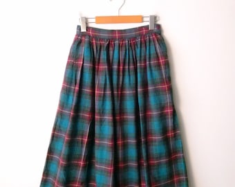 Vintage Teal Green/Burgundy Plaid Flannel Midi Skirt from 90's/W24