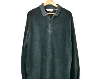 Vintage Men's Green Long Sleeve Polo Shirt Textured Knit Collared Top