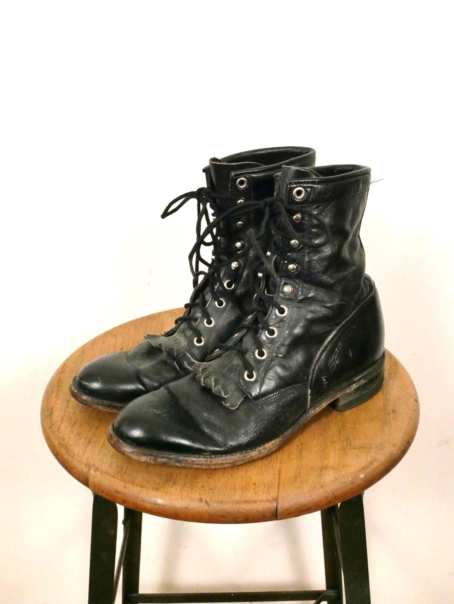 Vintage 90s Justin Black Roper Lace up Boots/made in Usa/men's 7.5