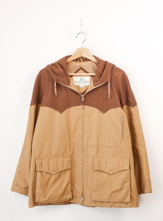 Vintage Pacific Trail Men's Tan and Brown Hooded Outdoor Jacket