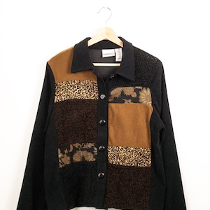 Vintage 90s Fashion Bug Womens Black Brown Leopard Patchwork Chenille Jacket