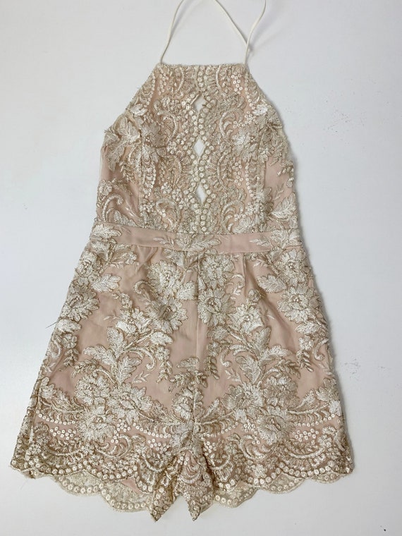 Vintage Nude Pink/Ivory Floral Embroidered Halter… - image 2