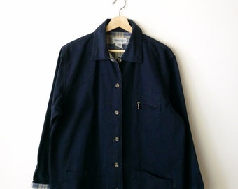 vintage Femme Bleu Marine/Bleu Foncé Coton Bouton vers le bas Veste/Grange Chore Manteau