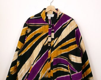 Vintage Black/yellow/purple Abstract Silk Zip up Windbreaker