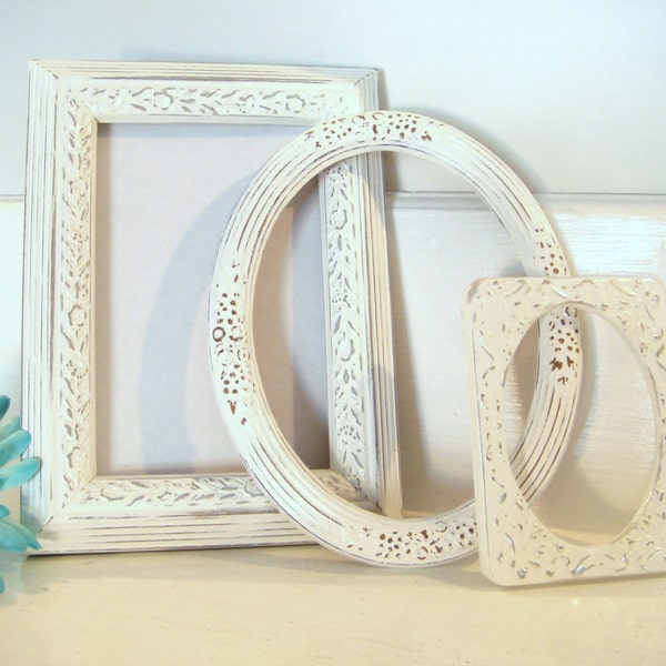 Distressed frames, white frames, nursery decor, frame set, shabby chic frames, upcycled frame, wedding frames, ornate frame