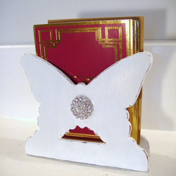 White letter holder, napkin holder, shabby chic decor, letter organizer, desk organizer, butterfly decor, card holder, kitchen decor