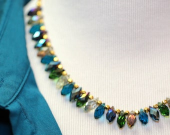 Teal Teardrop Crystal Evening Necklace, Blue & Green Glass Raindrop Necklace, Sparkling Water Drop Jewellery, Beaded Statement Necklace