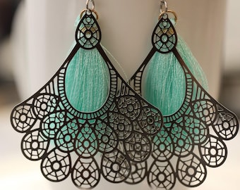 Boho Peacock Fan Earrings, Big Earrings, Lightweight Statement Earrings, Bold Earrings, Handmade Earrings, Aqua Blue Earrings