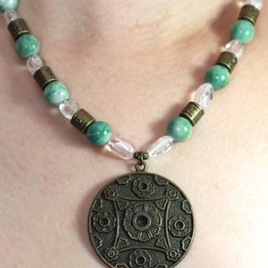 Jade Necklace with Quartz & Bronze, Oriental Chinese Medallion Necklace, Chunky Beaded Boho Gemstone Necklace, Statement Pendant Necklace image 6