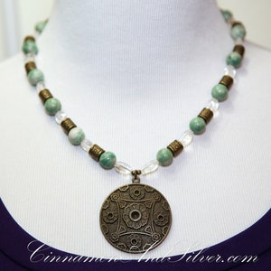 Jade Necklace with Quartz & Bronze, Oriental Chinese Medallion Necklace, Chunky Beaded Boho Gemstone Necklace, Statement Pendant Necklace image 2