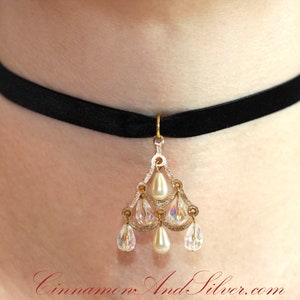 Black Velvet Ribbon Choker with Gold, Pearl and Crystal Upcycled Vintage Earring Pendant Necklace, Elegant Holiday Ribbon Choker Necklace