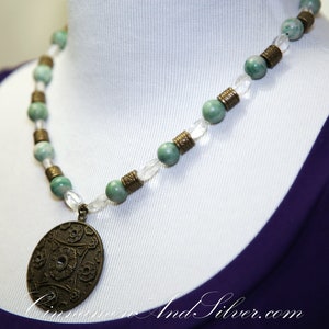 Jade Necklace with Quartz & Bronze, Oriental Chinese Medallion Necklace, Chunky Beaded Boho Gemstone Necklace, Statement Pendant Necklace image 4