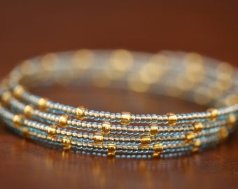 Light Blue/Gold Seed Bead Bangle Bracelet, Blue and Gold Memory Wire Coil Wrap Adjustable Memory Wire Bracelet Bangle