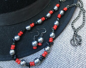 Black Obsidian & Red Coral Beaded Necklace Jewelry Set, Gothic Vampire Cosplay, Jewelry Gift Set, Gemstone Jewelry, Pirate Jewelry Set Women