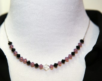 Lavender & Black Swarovski Crystal Collar Necklace, Purple Beaded Choker Necklace, Handmade Jewelry, Elegant Goth Necklace, Prom Necklace