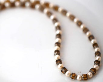 Honey Brown Cathedral Glass & Pearl Beaded Gemstone Necklace, Handmade Gemstone Necklace