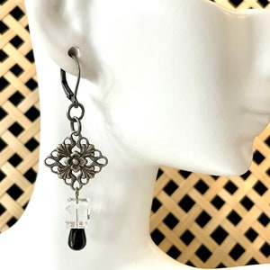 Silver Renaissance Earrings, Crystal & Obsidian Dangle Earrings, Vintage Earrings, Victorian Earrings, Gothic Earrings, Steampunk Earrings