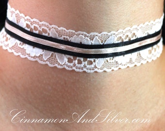 White French Lace Choker, Romantic Choker Necklace, Pink Lace Choker Necklace, White Lace and Pink Ribbon Choker, Victorian Ribbon Necklace