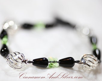 Black Obsidian & Green Crystal Bracelet, Oriental Butterfly Bracelet, Beaded Gemstone Bracelet, Handmade Jewelry, Romantic Goth Aesthetic