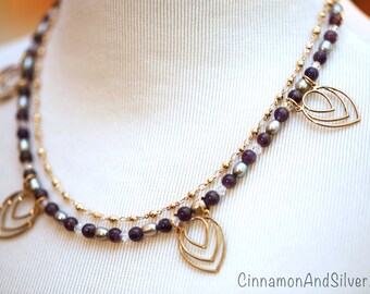 Pearl and Amethyst Beaded Necklace, Pearl/Amethyst/Brass Leaf Necklace, Anniversary Gift, Mother of the Bride, Prom Necklace