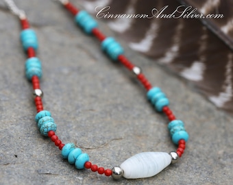 Turquoise and Red Coral Necklace, Blue Stone, Beaded Gemstone Necklace, Native American Jewelry, Boho Necklace, Southwest Cowgirl Necklace