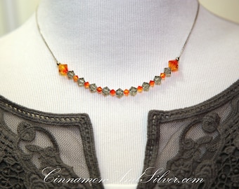 Orange & Gray Crystal Beaded Necklace, Sterling Silver Necklace, Sparkling Gift Necklace for Women, Collar Choker Necklace, Special Occasion