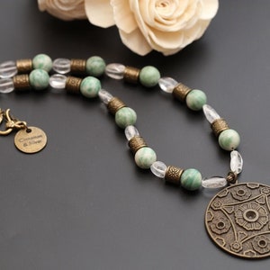 Jade Necklace with Quartz & Bronze, Oriental Chinese Medallion Necklace, Chunky Beaded Boho Gemstone Necklace, Statement Pendant Necklace image 1