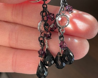 Black Crystal Onyx Chandelier Earrings, Sparkling Long Earrings, Wedding or Prom, Gemstone Dangle Earrings, Black Teardrop Earrings