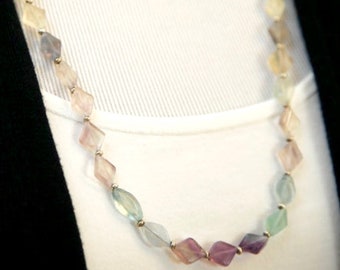 Rainbow Fluorite Gemstone Necklace, Long Ombre Statement Necklace, Multicolor Beaded Necklace, Boho Necklace, Geometric Necklace