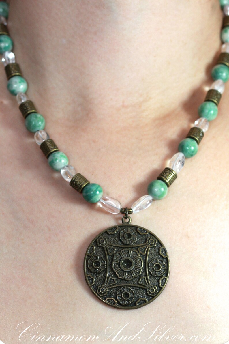 Jade Necklace with Quartz & Bronze, Oriental Chinese Medallion Necklace, Chunky Beaded Boho Gemstone Necklace, Statement Pendant Necklace image 6