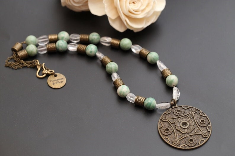 Jade Necklace with Quartz & Bronze, Oriental Chinese Medallion Necklace, Chunky Beaded Boho Gemstone Necklace, Statement Pendant Necklace image 1