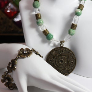 Jade Necklace with Quartz & Bronze, Oriental Chinese Medallion Necklace, Chunky Beaded Boho Gemstone Necklace, Statement Pendant Necklace image 9