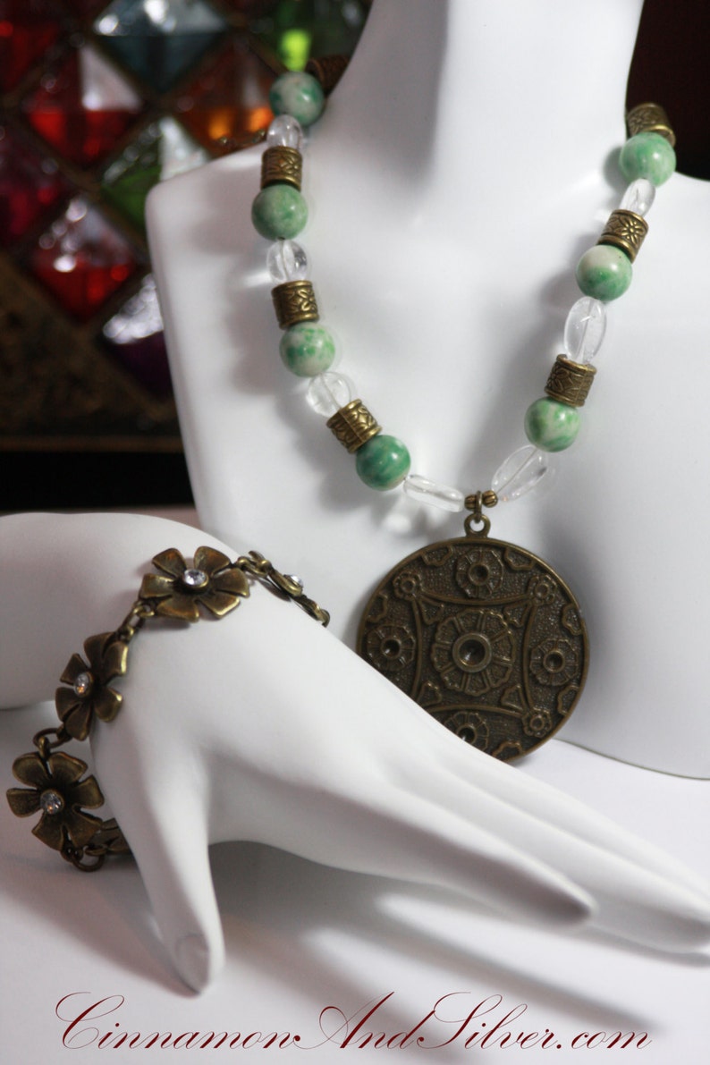 Jade Necklace with Quartz & Bronze, Oriental Chinese Medallion Necklace, Chunky Beaded Boho Gemstone Necklace, Statement Pendant Necklace image 9
